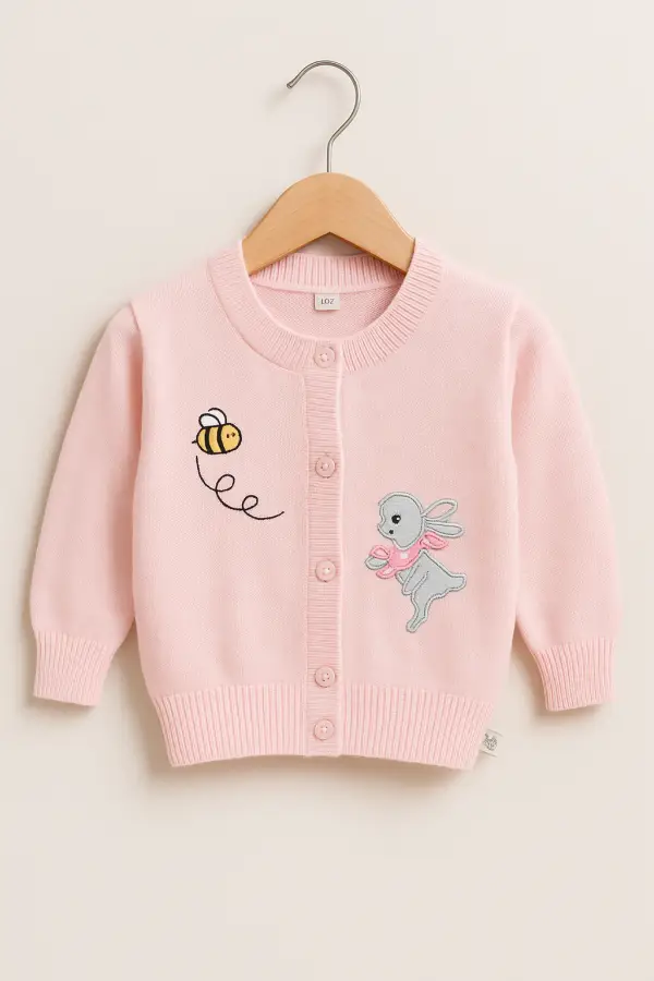 Chompa Rosa Bebé con Bordados de Conejito y Abeja (1-2 años)