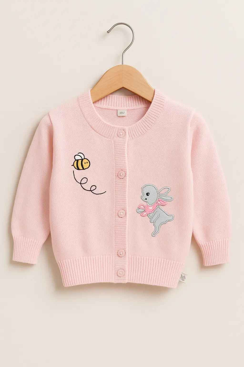 Chompa Rosa Bebé con Bordados de Conejito y Abeja (1-2 años)