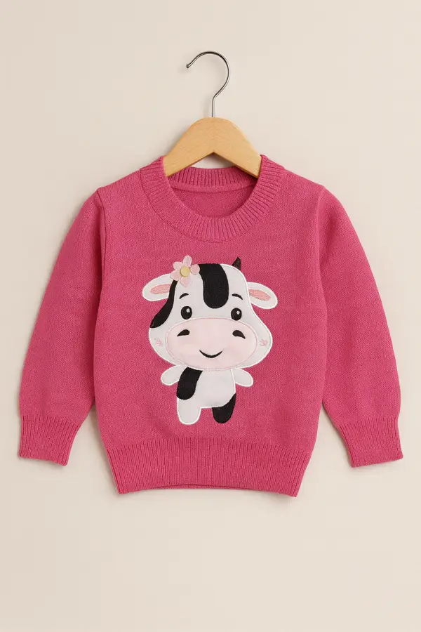 Suéter Fucsia para Bebé Niña 1-2 Años con Bordado de Vaquita y Flor