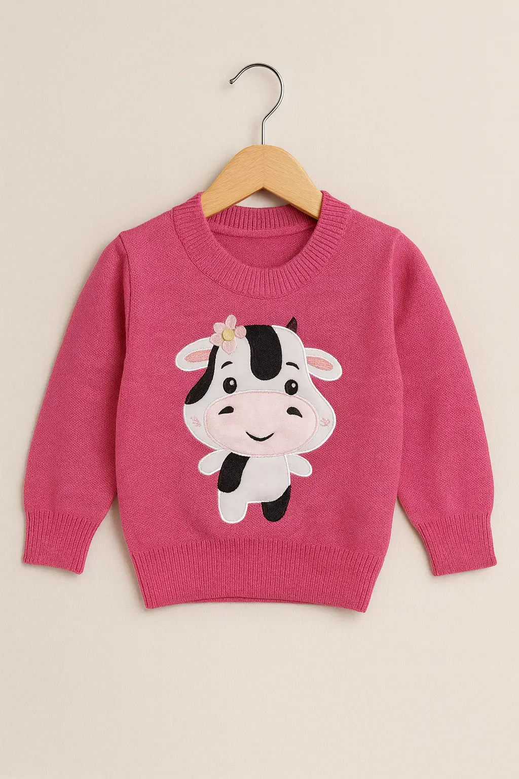 Suéter Fucsia para Bebé Niña 1-2 Años con Bordado de Vaquita y Flor