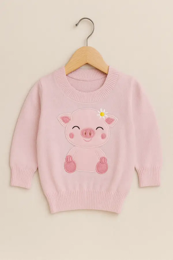 Suéter Rosa para Bebé Niña 1-2 Años con Bordado Cerdito y Flor