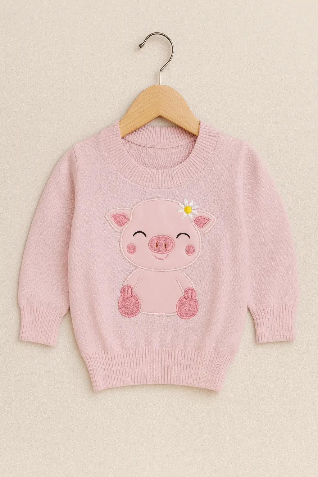 Suéter Rosa para Bebé Niña 1-2 Años con Bordado Cerdito y Flor
